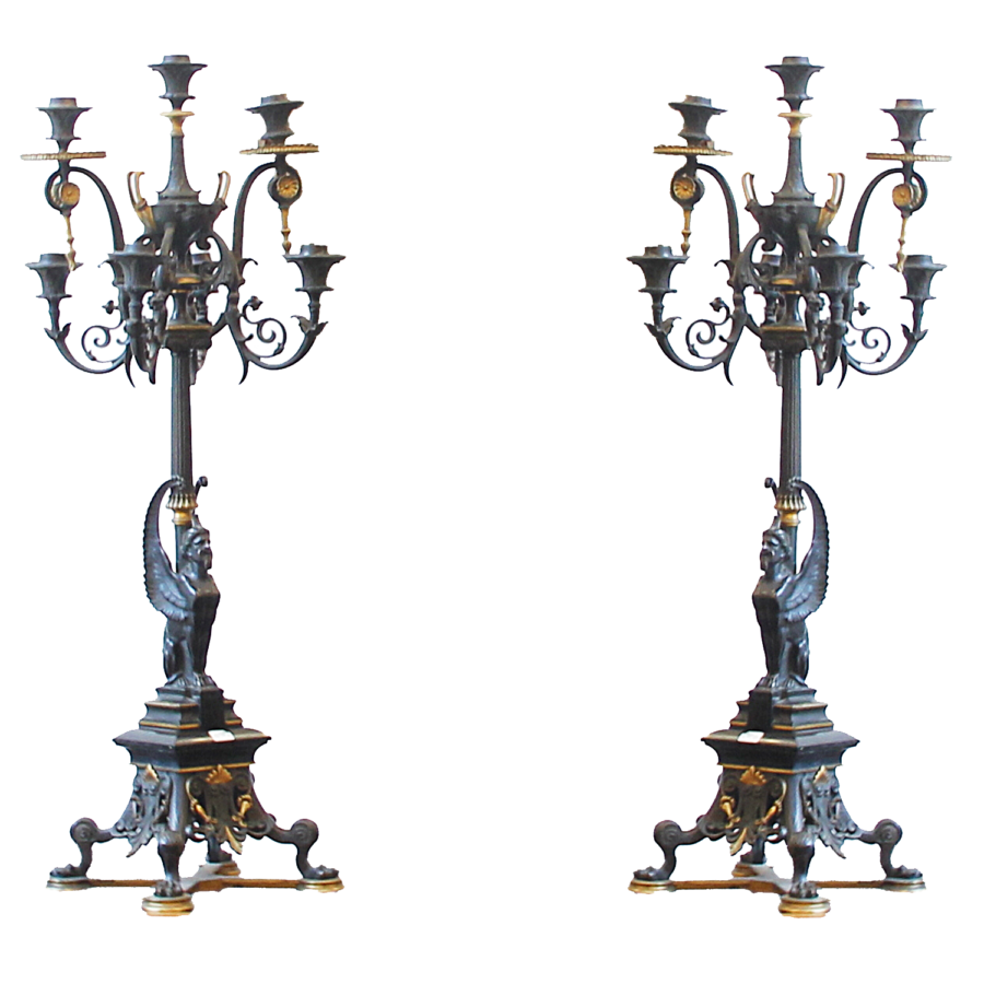 Candeliere Coppia di Candelabri a 8 Fiamme in Bronzo Patinato e Dorato